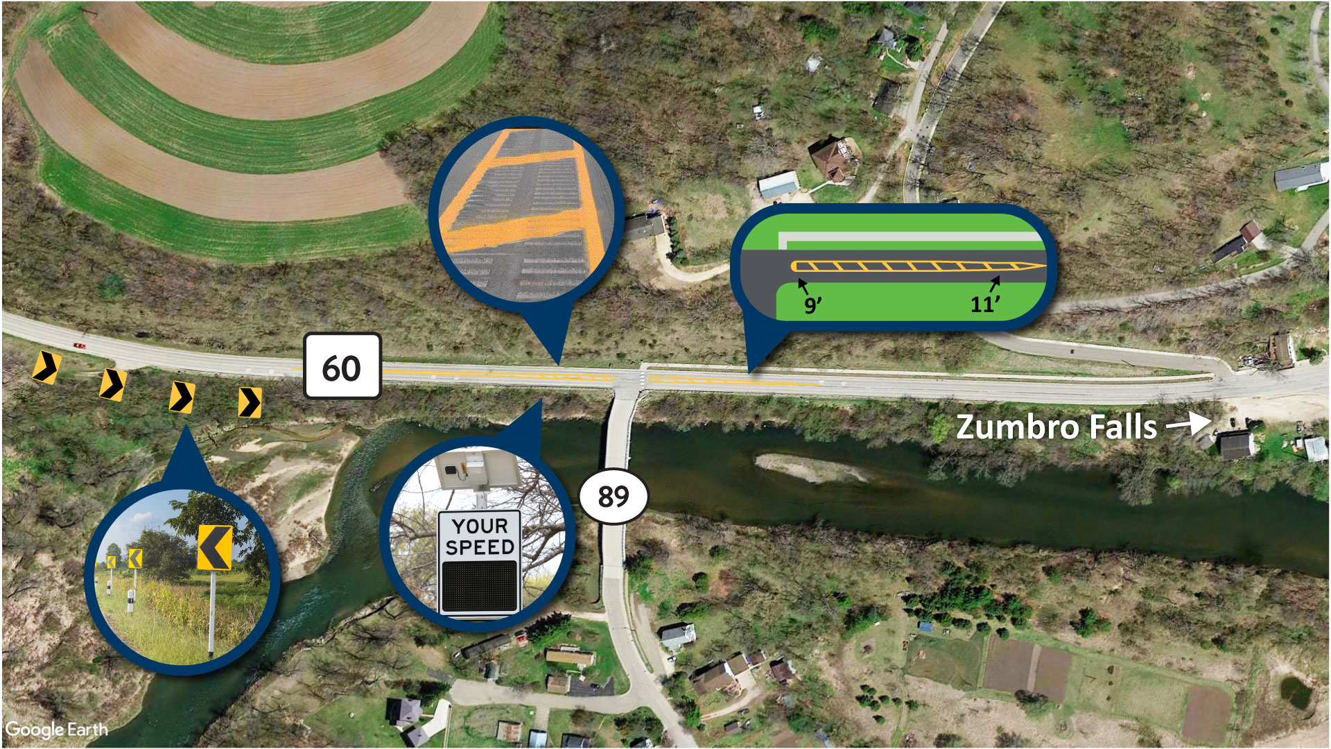 The map shows the inetersection of Highway 60 going left to right and route 89 crossing. On the left side of highway 60 there are chevron signage along roadway curve. In the middle cross section to route 89 are lane narrowing signs painted on the road from twelve feet down to 9 feet.